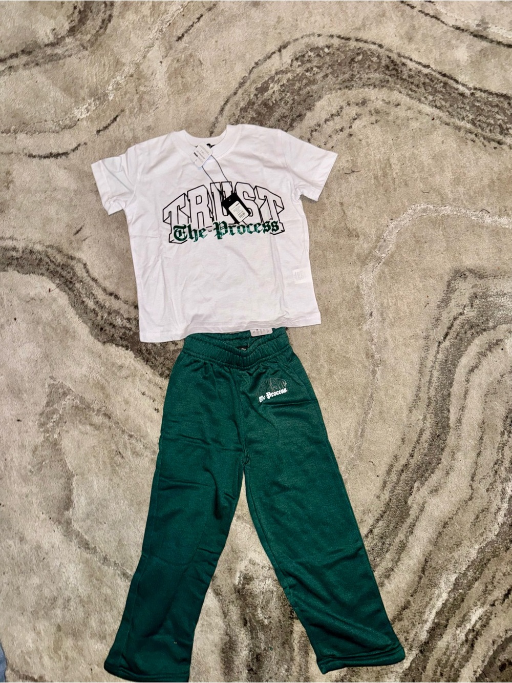 Fashion Nova Kids White Tee & Green Sweatpants 'The Process' Matching Set